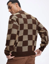 Glitchez Streetwear Knit Checked Drop-Shoulder Pullover - S