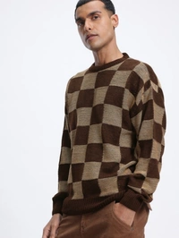 Glitchez Streetwear Knit Checked Drop-Shoulder Pullover - S