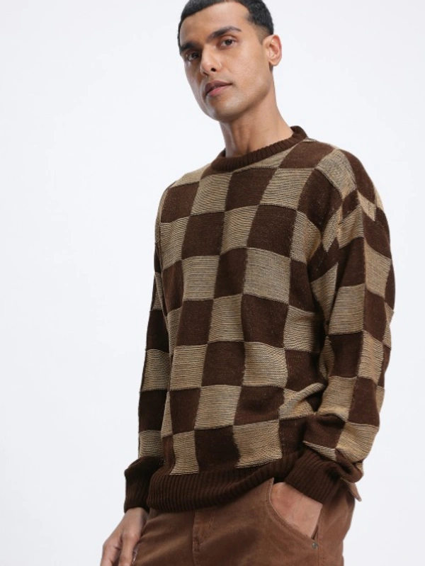 Glitchez Streetwear Knit Checked Drop-Shoulder Pullover - M