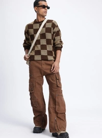 Glitchez Streetwear Knit Checked Drop-Shoulder Pullover - S