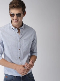 Men Blue & White Slim Fit Striped Casual Shirt - L
