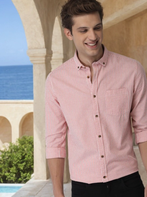 Men Pink & White Slim Fit Striped Casual Shirt - S