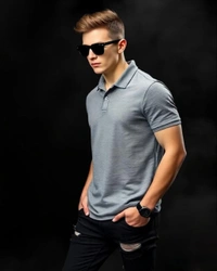 Grey Melange Polo Tshirt  - XXL