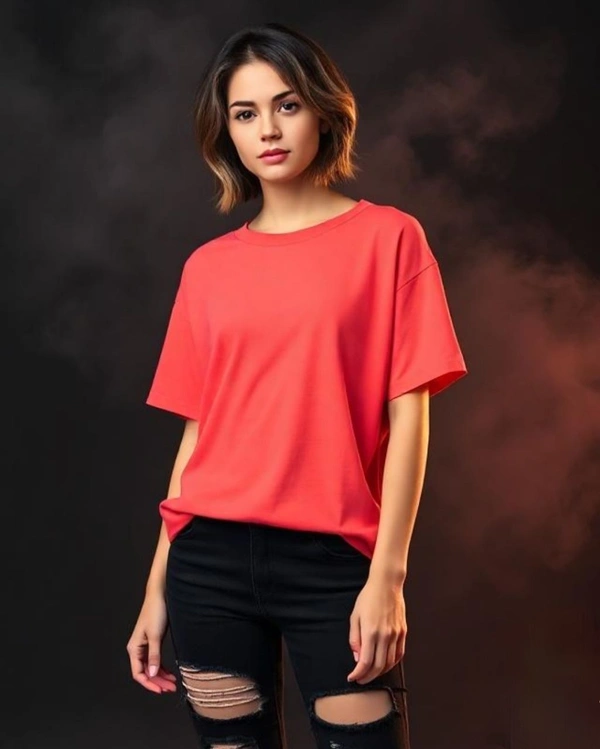 Stylish Coral Oversized Women's Tshirt - XL