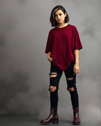 Stylish Maroon Oversized Women's Tshirt - M