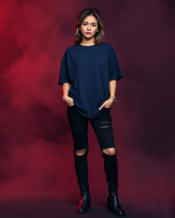 Stylish Navy Oversized Women's Tshirt - L