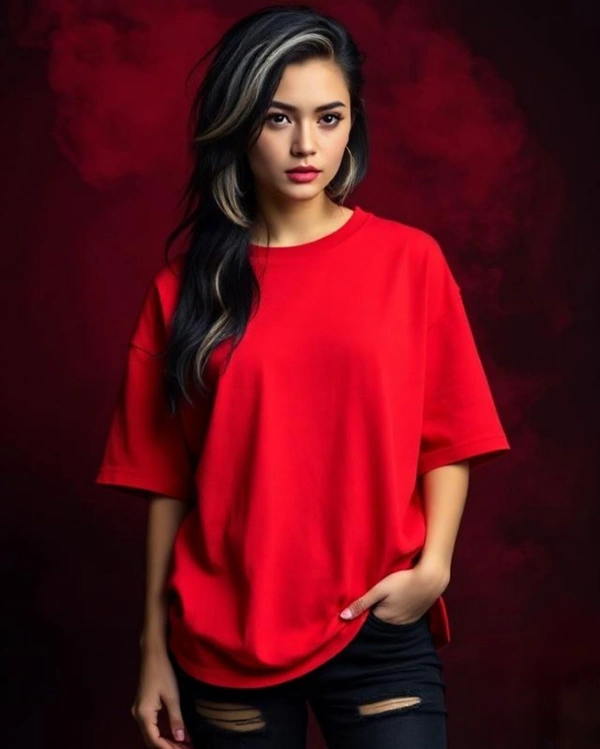 Stylish Red Oversized Women's Tshirt - L