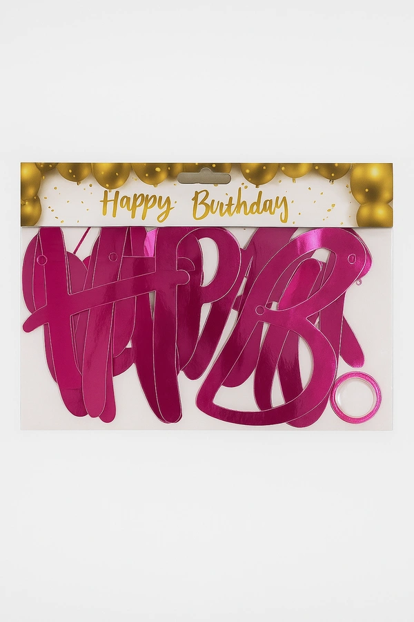 Pink Cursive "Happy Birthday" Banner with Ribbon – Glossy Finish