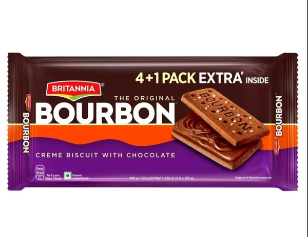Britannia Bourbon Cream Biscuit With Chocolate 500 g (4 + 1 Pack Extra Inside)