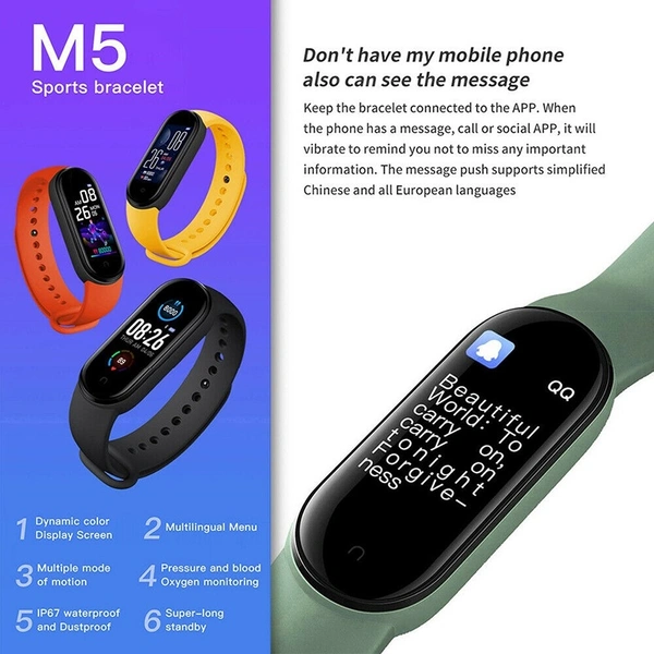 NEW M5 Smart Watch Waterproof Bluetooth Fitness Tracker Wristband Heart Rate Watch Bracelet - black