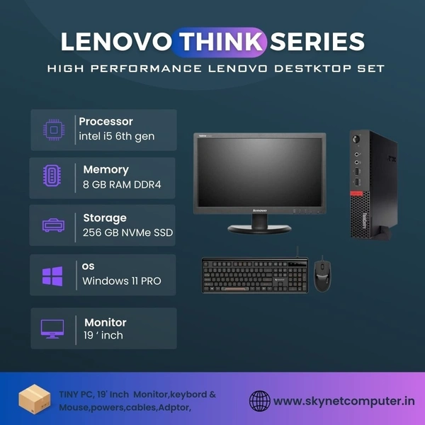 Lenovo  (Refurbished) Lenovo Full Desktop Set – Tiny Workstation Intel i5-6100T | 8GB RAM | 256GB NVMe SSD | 19” Lenovo ThinkVision Monitor | Keyboard & Mouse | Wi-Fi & Bluetooth | Windows 11 - Black