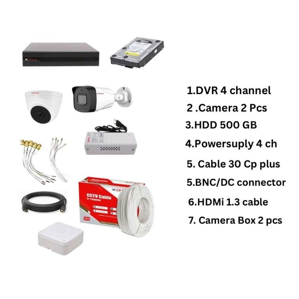 CP Plus  CP PLUS Full HD 4Ch DVR + CP Plus 1 Dome Camera 2.4 MegaPixel Colour Nightvision (Guard + ) & 1 Bullet CAMERA 2.4 MegaPixel colour night ( + ) Nightvision + Hard Drive 500 gb + CP PLUS OG 30 MTR CABLE 3+1+ 4 CH Power Supply + BNC & DC Pin Set +HDMI 1.3 MTR + CAM BOX 2 SET - Full CCTV Kit Security Camera  - White