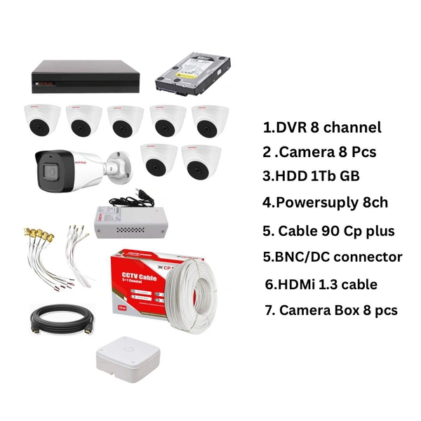 CP Plus  CP PLUS  Full HD 8Ch DVR + CP Plus 7 Dome Camera 2.4 MegaPixel Colour Nightvision (Guard + ) & 1 Bullet CAMERA 2.4 MegaPixel colour night ( + ) Nightvision + Hard Drive 2TB + CP PLUS OG 90 MTR CABLE 3+1+ 8CH Power Supply + BNC & DC Pin Set +HDMI 1.3 MTR + CAM BOX 8 SET - Full CCTV Kit Security Camera  - White