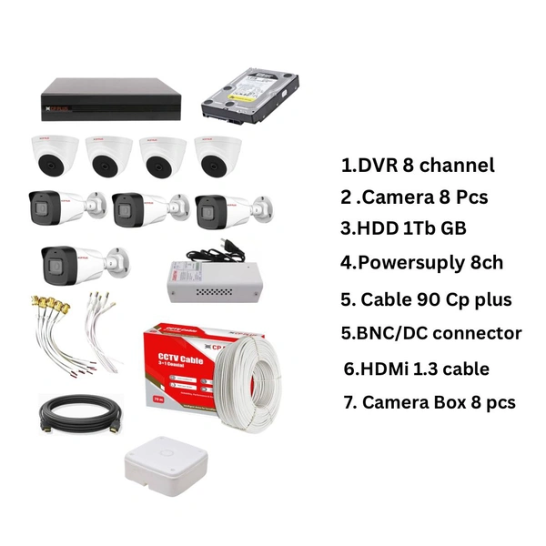 CP Plus  CP PLUS  Full HD 8Ch DVR + CP Plus 4 Dome Camera 2.4 MegaPixel Colour Nightvision (Guard + ) & 4 Bullet CAMERA 2.4 MegaPixel colour night ( + ) Nightvision + Hard Drive 2TB + CP PLUS OG 90 MTR CABLE 3+1+ 8CH Power Supply + BNC & DC Pin Set +HDMI 1.3 MTR + CAM BOX 8 SET - Full CCTV Kit Security Camera  - White