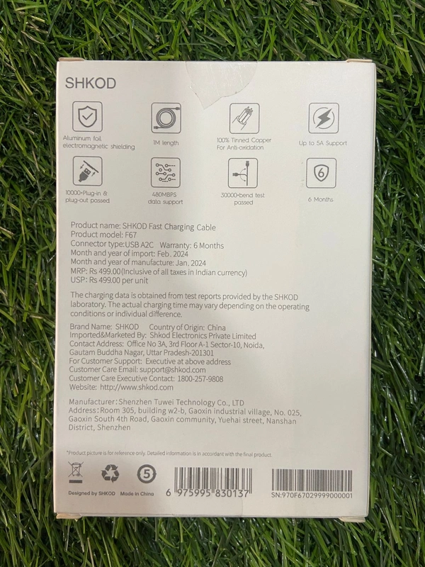 SHKOD F67 Fast Charging USB A to Type-C Cable | 5A Support | 480Mbps | 1 Meter | Durable & Tangle-Free |  - White, 1 Mtr