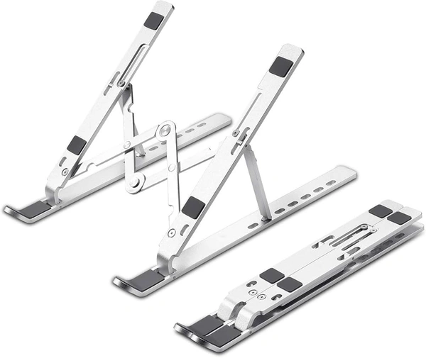Aluminium Adjustable & Foldable Laptop Stand | Portable, Lightweight, Heat-Dissipating Stand for All Laptops (10–17 inch) | Multi-Angle Height Adjustable Metal Laptop Holder for Office, Home & Travel - Silver
