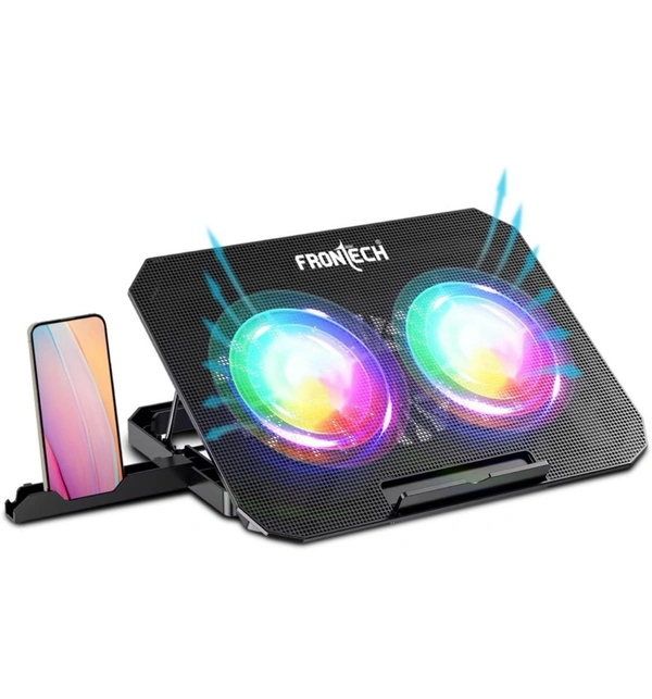 Frontech CP-0007 Laptop Cooling Pad | Dual 120 mm RGB LED Fans | Built-in Mobile Stand | Ergonomic Adjustable Height Cooling Pad (Black) - Black