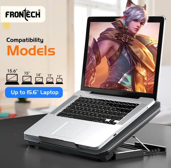 Frontech CP-0007 Laptop Cooling Pad | Dual 120 mm RGB LED Fans | Built-in Mobile Stand | Ergonomic Adjustable Height Cooling Pad (Black) - Black