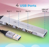 Zebronics ZEB‑200HB USB 3.0 Hub – 4 Port High‑Speed Data Transfer, Aluminum + ABS Body, Compact Plug & Play - Gray