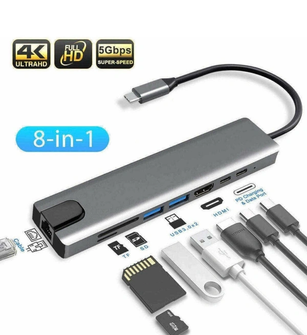 8-in-1 USB-C Multifunction Hub – 4K HDMI, RJ45, USB 3.0, SD/TF, PD 100W, Thunderbolt 3 Compatible
- Gray