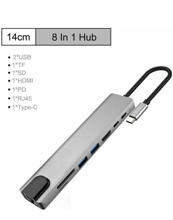 8-in-1 USB-C Multifunction Hub – 4K HDMI, RJ45, USB 3.0, SD/TF, PD 100W, Thunderbolt 3 Compatible
- Gray