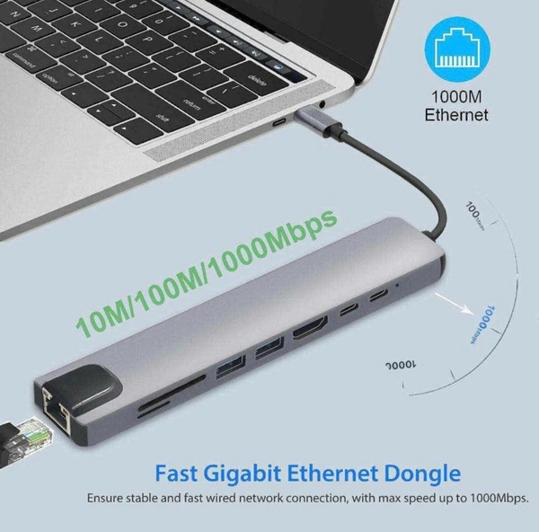 8-in-1 USB-C Multifunction Hub – 4K HDMI, RJ45, USB 3.0, SD/TF, PD 100W, Thunderbolt 3 Compatible
- Gray