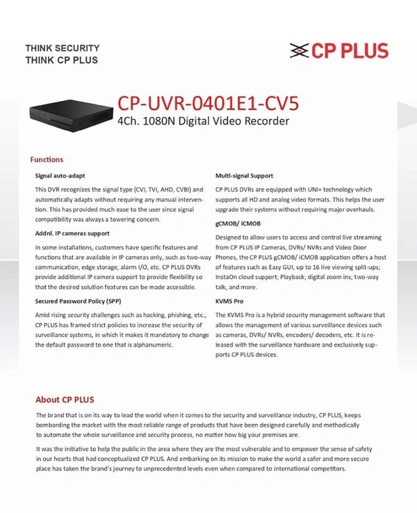 CP Plus 8 Channel DVR – Full HD 1080N Recording, 2.4MP Camera Support, Smart & Reliable Security System