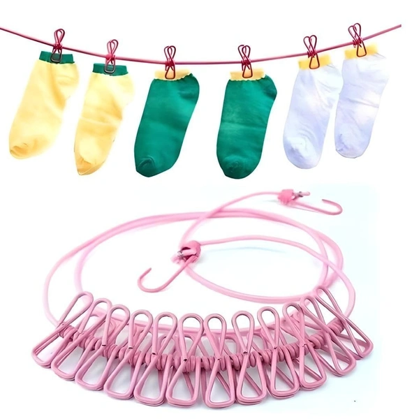 Fortune Cart Elastic Cloth Drying Rope with Hooks & 12 Clips – Portable Clothesline for Travel & Home
