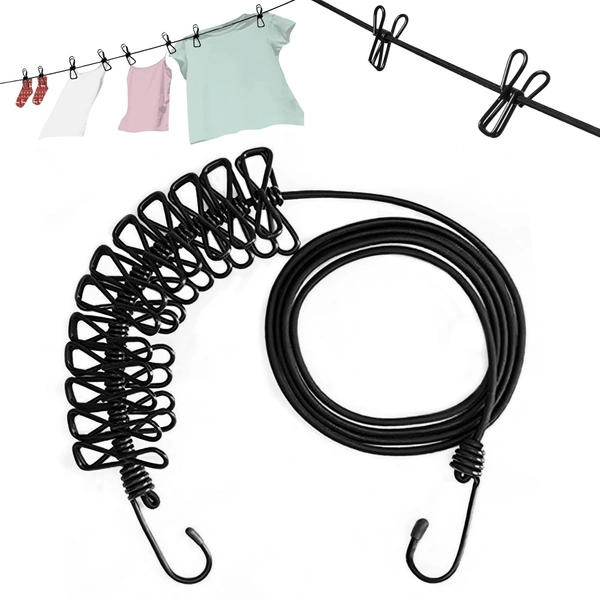 Fortune Cart Elastic Cloth Drying Rope with Hooks & 12 Clips – Portable Clothesline for Travel & Home