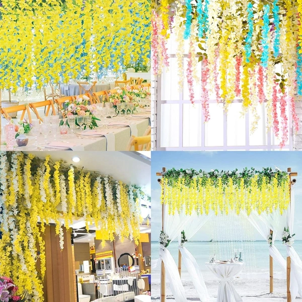 Indian Aesthetica Artificial Wisteria Vine – Fake Wisteria Yellow Hanging Garland | Silk Long Hanging Flowers String for Home, Party & Wedding Décor – White (Pack of 12, 43.5 Inches Each) - Golden Fizz, 43.5 Inches (110 cm)