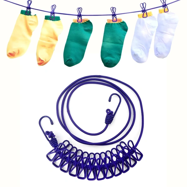 Fortune Cart Elastic Cloth Drying Rope with Hooks & 12 Clips – Portable Clothesline for Travel & Home