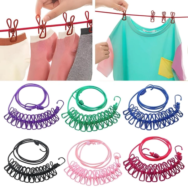 Fortune Cart Elastic Cloth Drying Rope with Hooks & 12 Clips – Portable Clothesline for Travel & Home