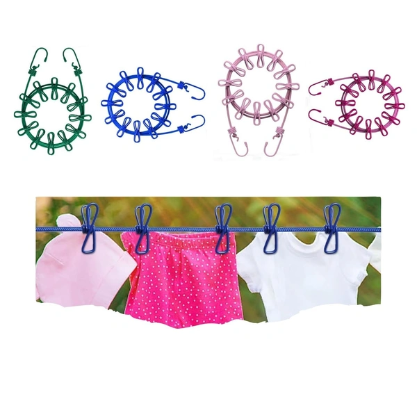 Fortune Cart Elastic Cloth Drying Rope with Hooks & 12 Clips – Portable Clothesline for Travel & Home