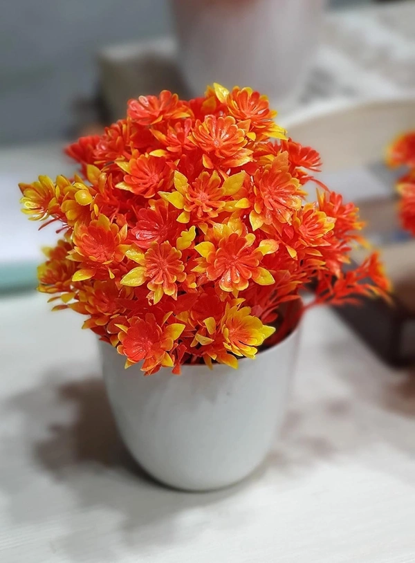Indian Aesthetica Artificial Flower Plant with Pot (36 cm, White-Flowers, Green-Leaves) - Red Orange Flowers