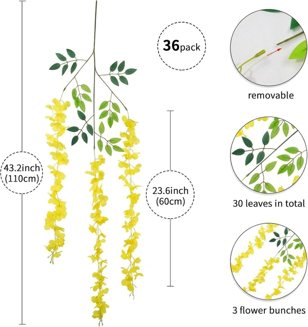 Indian Aesthetica Artificial Wisteria Vine – Fake Wisteria Yellow Hanging Garland | Silk Long Hanging Flowers String for Home, Party & Wedding Décor – White (Pack of 12, 43.5 Inches Each) - Golden Fizz, 43.5 Inches (110 cm)
