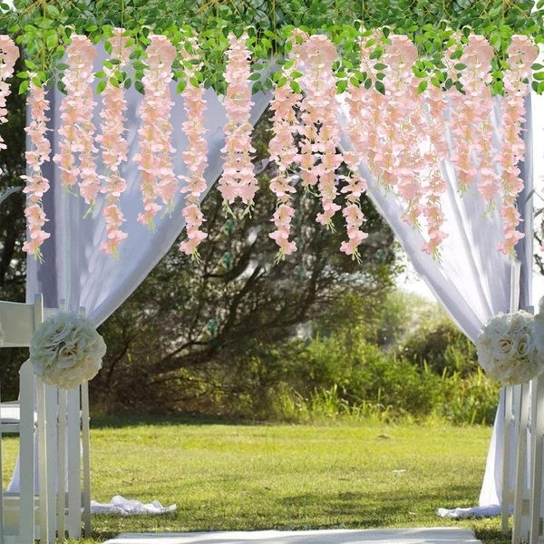 Indian Aesthetica Artificial Wisteria Vine – Fake Wisteria Peach Hanging Garland | Silk Long Hanging Flowers String for Home, Party & Wedding Décor – White (Pack of 12, 43.5 Inches Each) - 43.5 Inches (110 cm), Peach