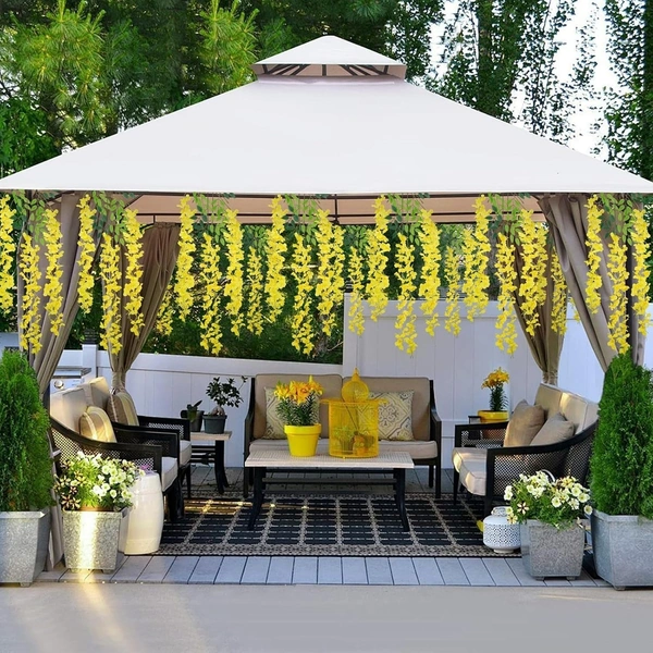 Indian Aesthetica Artificial Wisteria Vine – Fake Wisteria Yellow Hanging Garland | Silk Long Hanging Flowers String for Home, Party & Wedding Décor – White (Pack of 12, 43.5 Inches Each) - Golden Fizz, 43.5 Inches (110 cm)