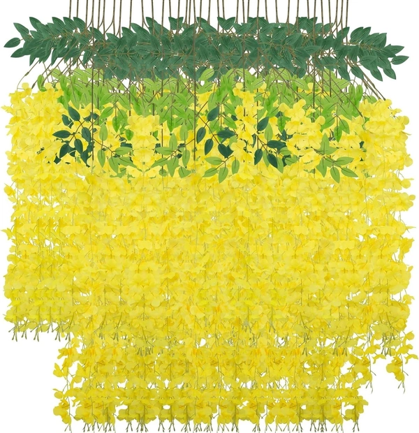 Indian Aesthetica Artificial Wisteria Vine – Fake Wisteria Yellow Hanging Garland | Silk Long Hanging Flowers String for Home, Party & Wedding Décor – White (Pack of 12, 43.5 Inches Each) - Golden Fizz, 43.5 Inches (110 cm)