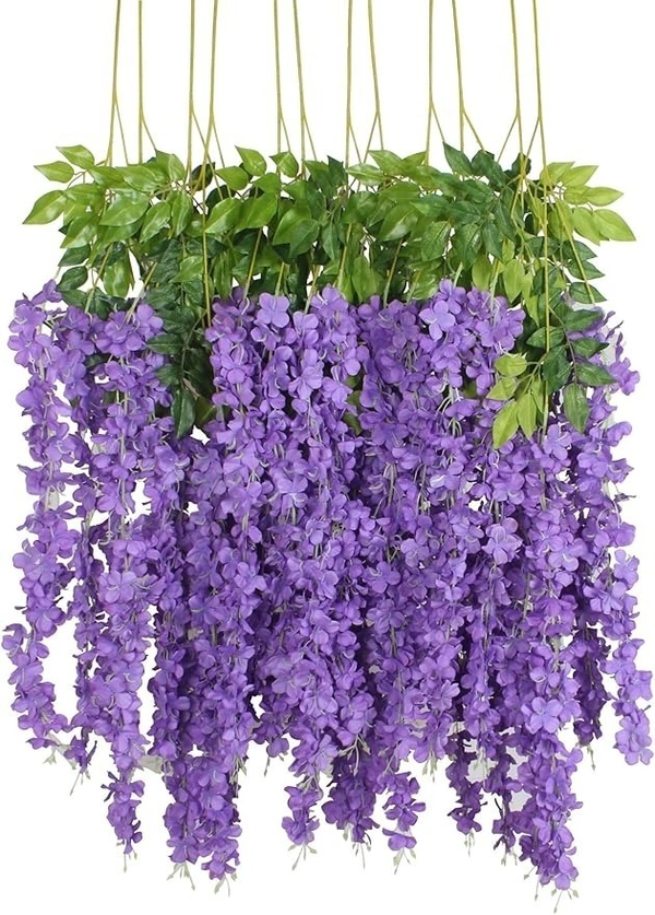 Indian Aesthetica Artificial Wisteria Vine – Fake Wisteria Purple Hanging Garland | Silk Long Hanging Flowers String for Home, Party & Wedding Décor – White (Pack of 12, 43.5 Inches Each) - 43.5 Inches (110 cm), Purple