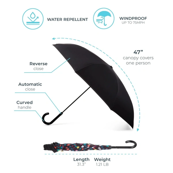 Fortune Cart Reverse Folding Stick Umbrella – Windproof Inverted Design with Easy Grip Handle