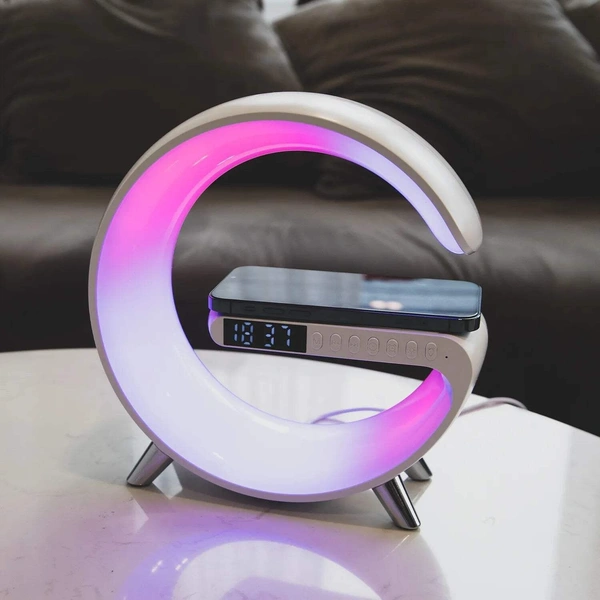 Fortune Cart Wireless Charging Table Lamp with Bluetooth Speaker & Alarm Clock – Smart LED Night Light for Heavy Sleepers (White)