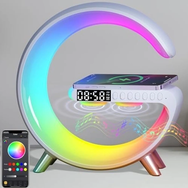 Fortune Cart Wireless Charging Table Lamp with Bluetooth Speaker & Alarm Clock – Smart LED Night Light for Heavy Sleepers (White)