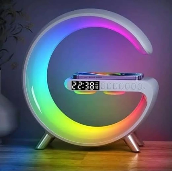 Fortune Cart Wireless Charging Table Lamp with Bluetooth Speaker & Alarm Clock – Smart LED Night Light for Heavy Sleepers (White)