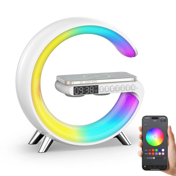Fortune Cart Wireless Charging Table Lamp with Bluetooth Speaker & Alarm Clock – Smart LED Night Light for Heavy Sleepers (White)