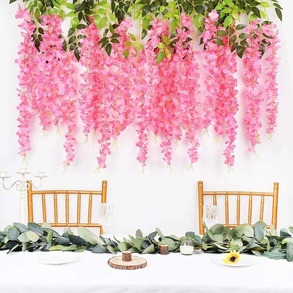 Indian Aesthetica Artificial Wisteria Vine – Fake Wisteria Pink Hanging Garland | Silk Long Hanging Flowers String for Home, Party & Wedding Décor – White (Pack of 12, 43.5 Inches Each) - 43.5 Inches (110 cm), Pink