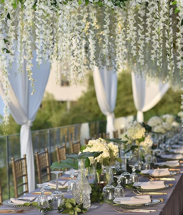 Indian Aesthetica Artificial Wisteria Vine – Fake Wisteria White Hanging Garland | Silk Long Hanging Flowers String for Home, Party & Wedding Décor - (Pack of 12, 43.5 Inches Each) - White, 43.5 Inches (110 cm)