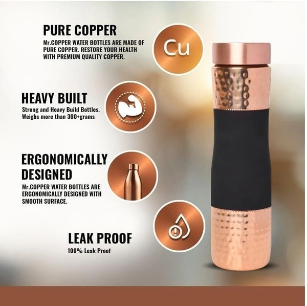 Indian Aesthetica Luxury Copper Water Bottle 1 Litre – Black Finish | 100% Pure Heavy Gauge Copper | Leak-Proof, Ayurvedic, BPA-Free by INDIAN AESTHETICA - 1000ML