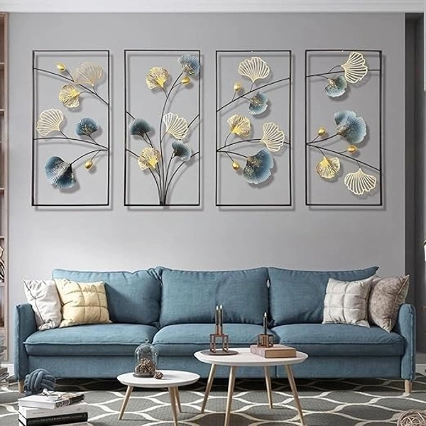 Indian Aesthetica INDIAN AESTHETICA 4 Pcs Metal Ginkgo Tree Leaf Wall Art Decor, Large 3D Handmade Metal Wall Sculpture with Black Frame, Home Decoration Gift for Living Room Bedroom Dining Room (64X32 Inches) WA70 - 33L*8W*58H