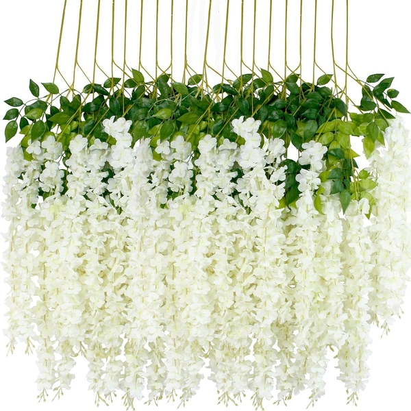Indian Aesthetica Artificial Wisteria Vine – Fake Wisteria White Hanging Garland | Silk Long Hanging Flowers String for Home, Party & Wedding Décor - (Pack of 12, 43.5 Inches Each) - White, 43.5 Inches (110 cm)