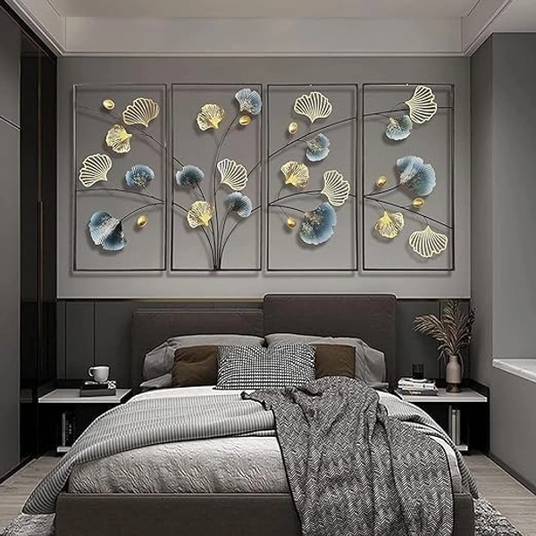 Indian Aesthetica INDIAN AESTHETICA 4 Pcs Metal Ginkgo Tree Leaf Wall Art Decor, Large 3D Handmade Metal Wall Sculpture with Black Frame, Home Decoration Gift for Living Room Bedroom Dining Room (64X32 Inches) WA70 - 33L*8W*58H